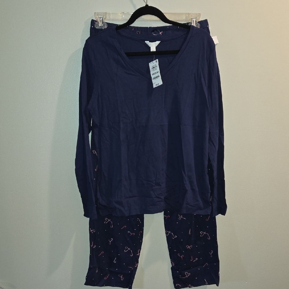 Charter Club Cotton Navy Blue Long Sleeve Pajama Set with Candy Cane Print